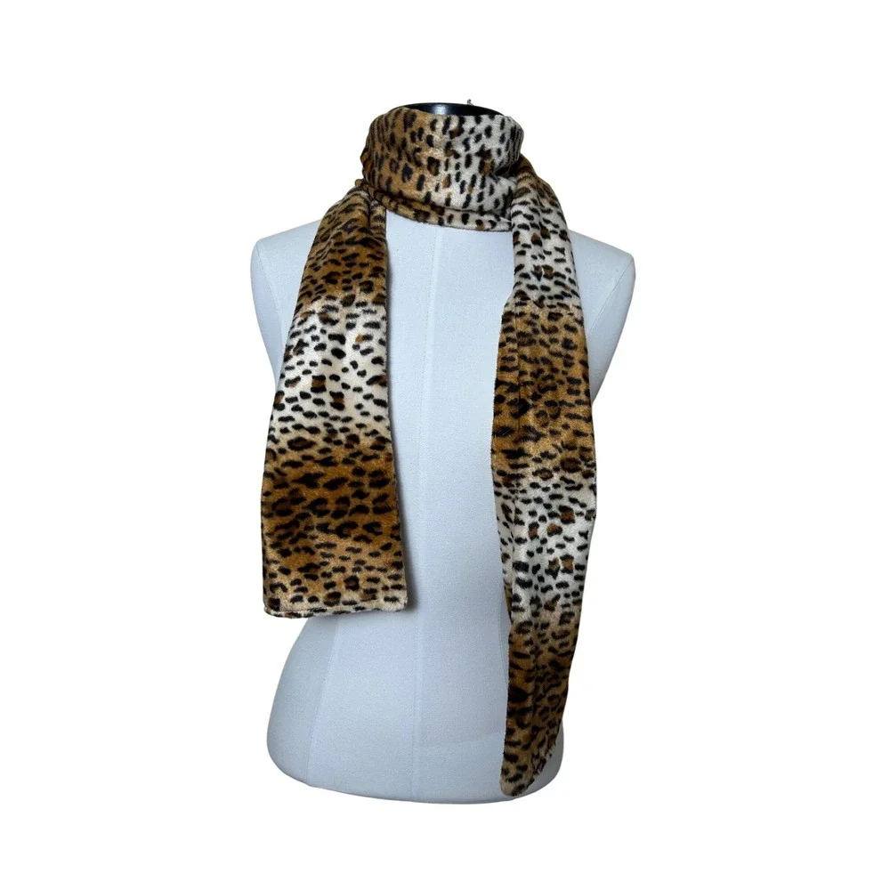 Y2K Leopard Print Scarf Brown‎ Tan Plush Animal Print Bold Retro Glam Statement